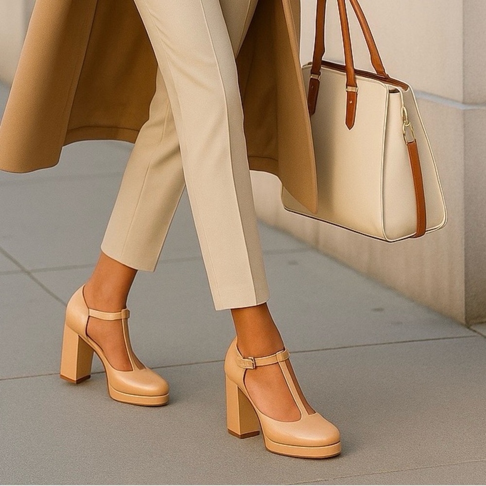 POP Worthy Nude Vegan T-Strap Platform Heels | Size 9 M | New With Tag